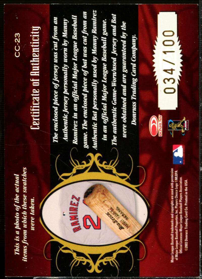 Manny Ramirez Bat-Jsy Card 2003 Timeless Treasures Classic Combos #23  Image 2