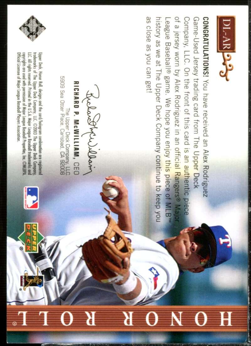 Alex Rodriguez Card 2003 Upper Deck Honor Roll Dean's List Jerseys #AR  Image 2