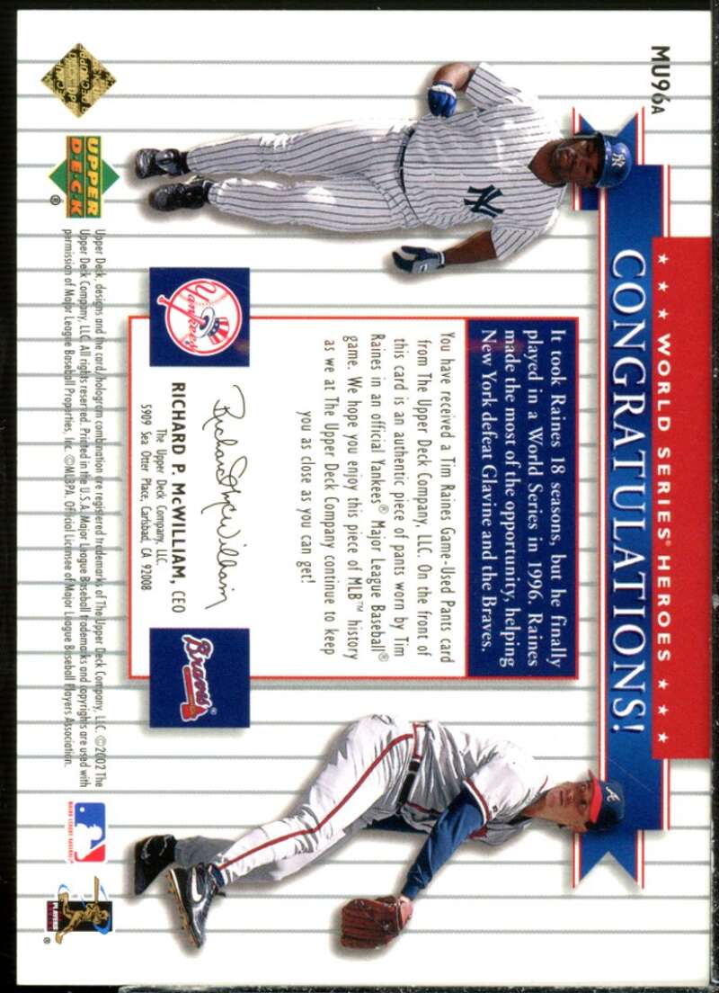 T.Raines Pants/Glavine Card 2002 World Series Heroes Classic Match-Ups Mem #muo  Image 2