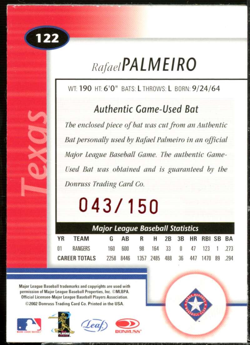Rafael Palmeiro Bat Card 2002 Leaf Certified Mirror Red #122  Image 2