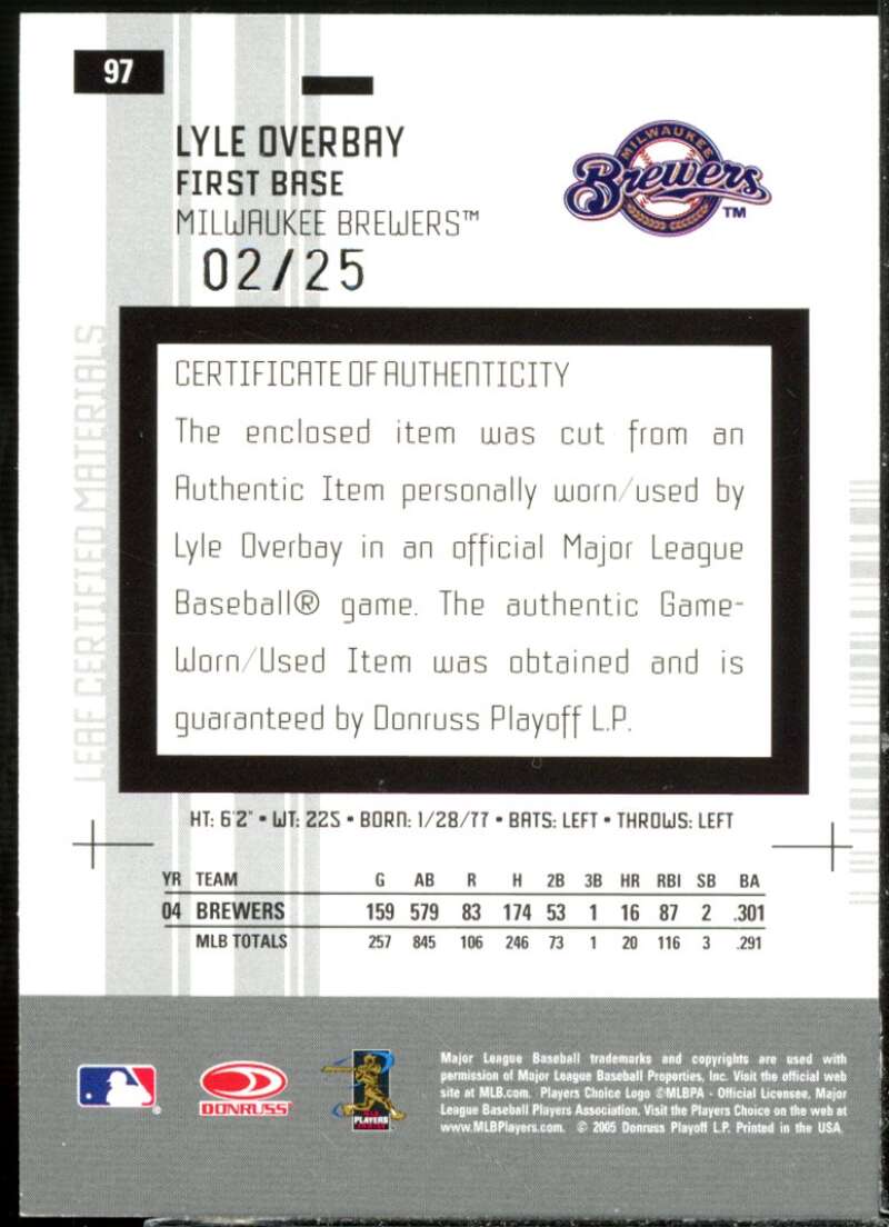 Lyle Overbay Card 2005 Leaf Certified Materials Mirror Bat Gold #97  Image 2