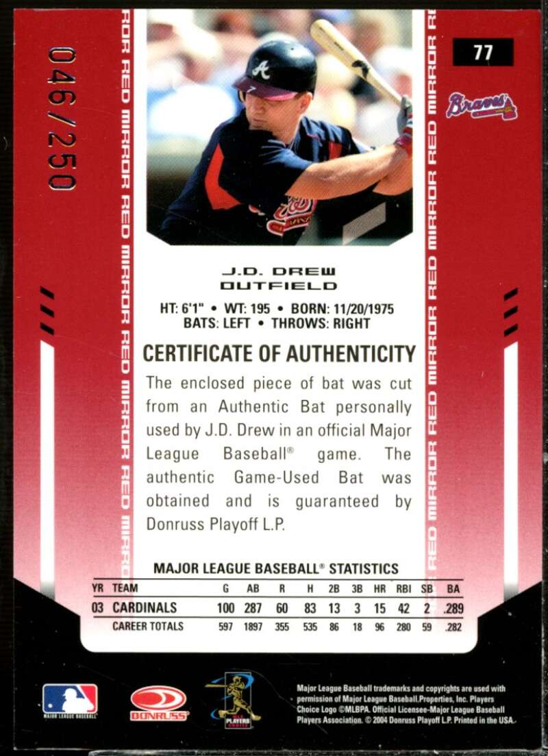 J.D. Drew Card 2004 Leaf Certified Materials Mirror Bat Red #77  Image 2