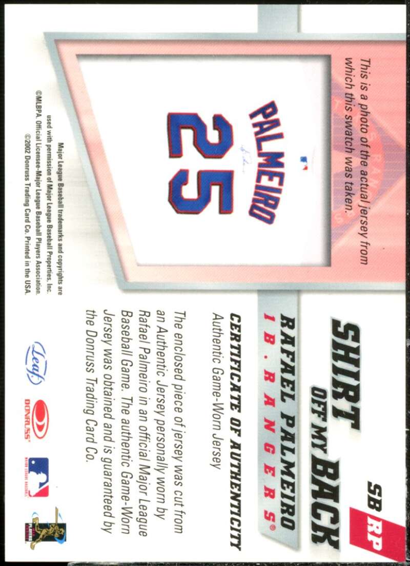 Rafael Palmeiro Card 2002 Leaf Shirt Off My Back #RP  Image 2