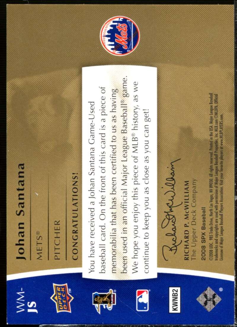 Johan Santana Card 2008 SPx Winning Materials SPx 150 #JS  Image 2