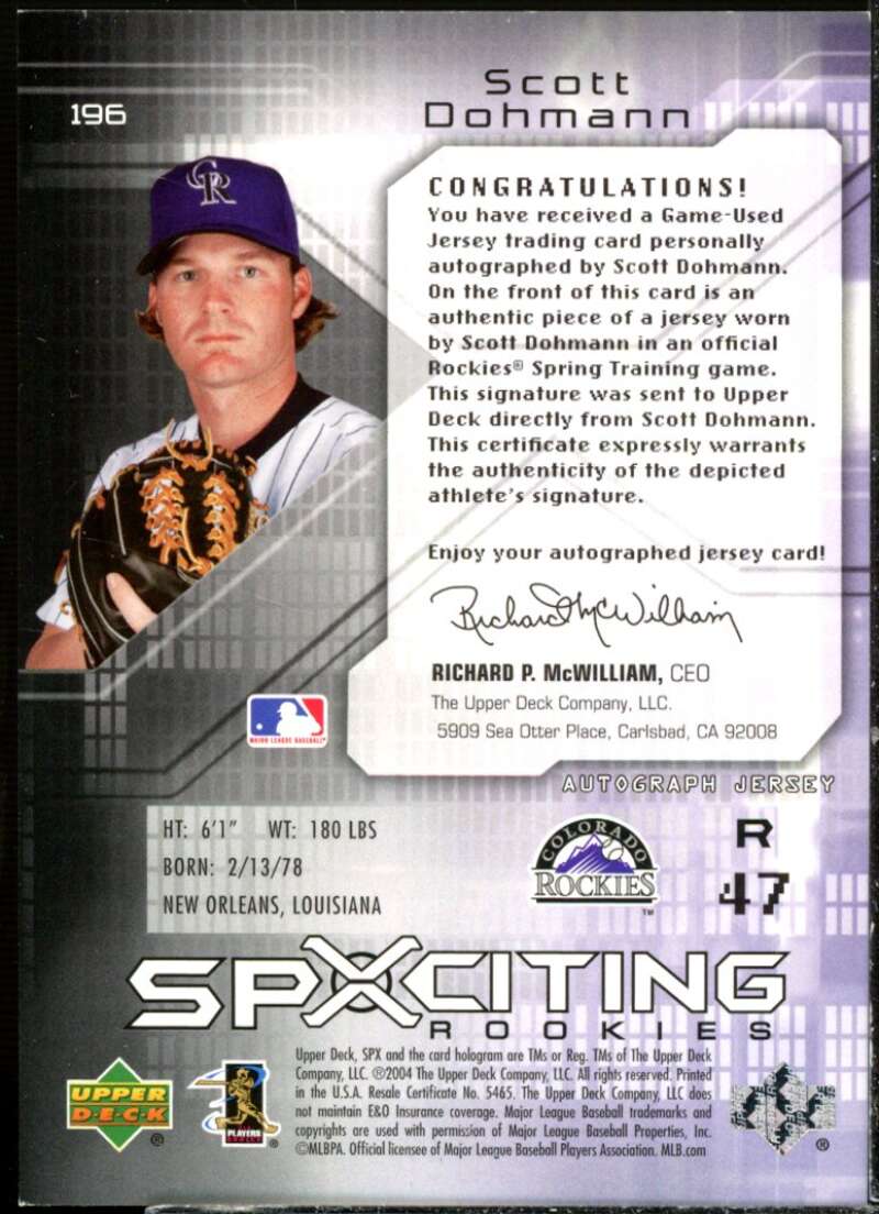Scott Dohmann AU JSY Rookie Card 2004 SPx #196  Image 2