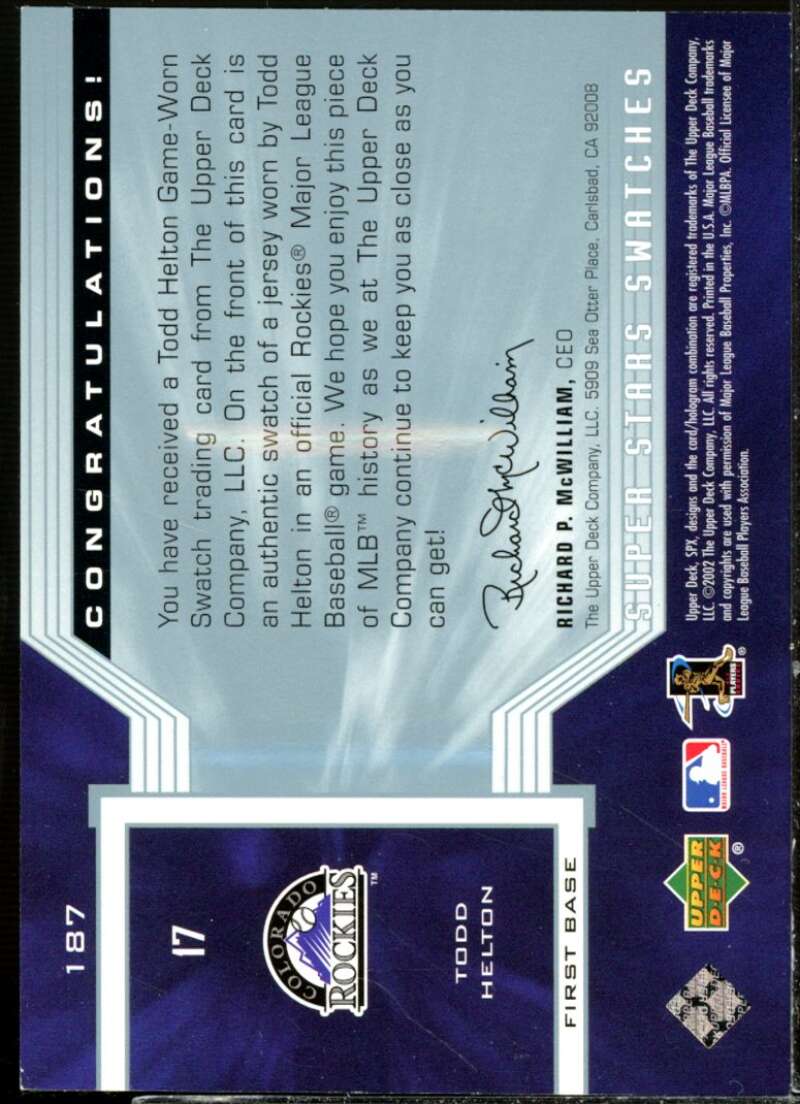 Todd Helton JSY Card 2002 SPx #187  Image 2