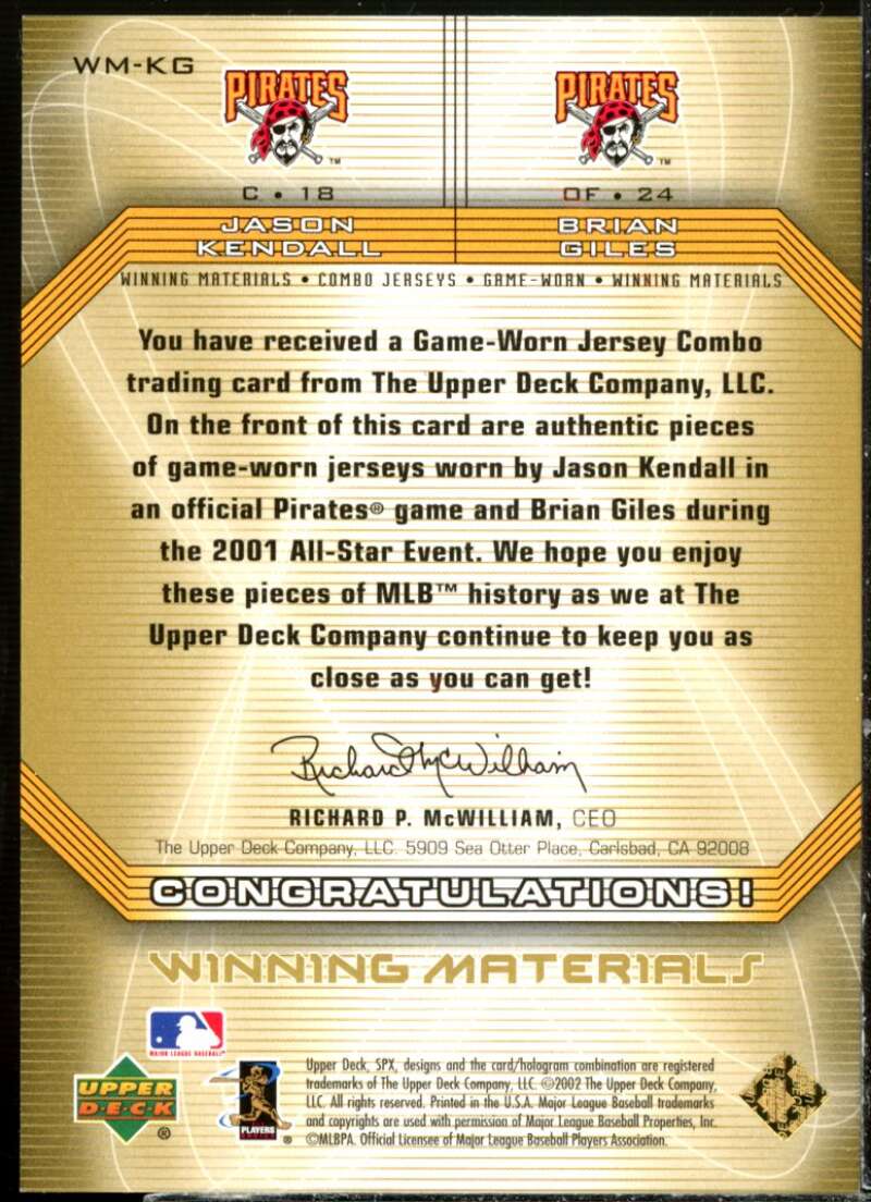 Jason Kendall/ Giles 2002 SPx Winning Materials 2-Player Jersey Combos #WMKG  Image 2