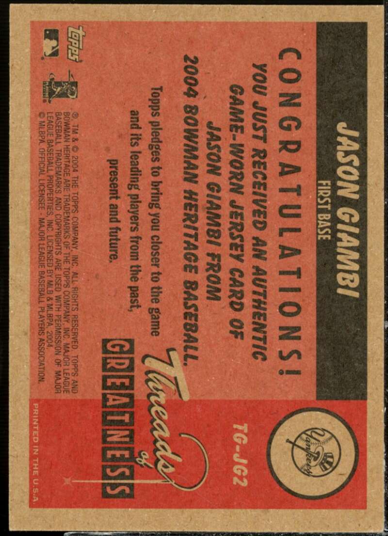 Jason Giambi Jsy Card 2004 Bowman Heritage Threads of Greatness #JG2  Image 2