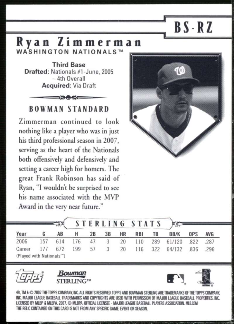 Ryan Zimmerman Bat Card 2007 Bowman Sterling #RZ  Image 2