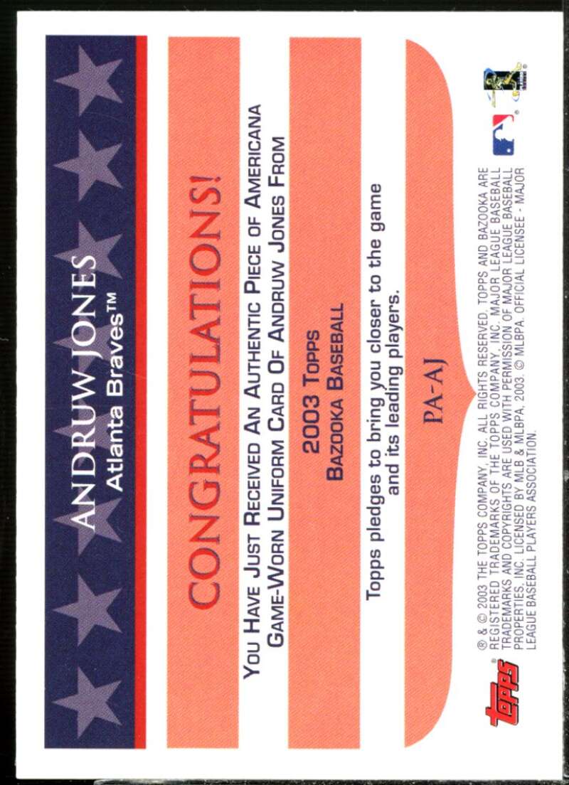 Andruw Jones Card 2003 Bazooka Piece of Americana Relics #AJ  Image 2