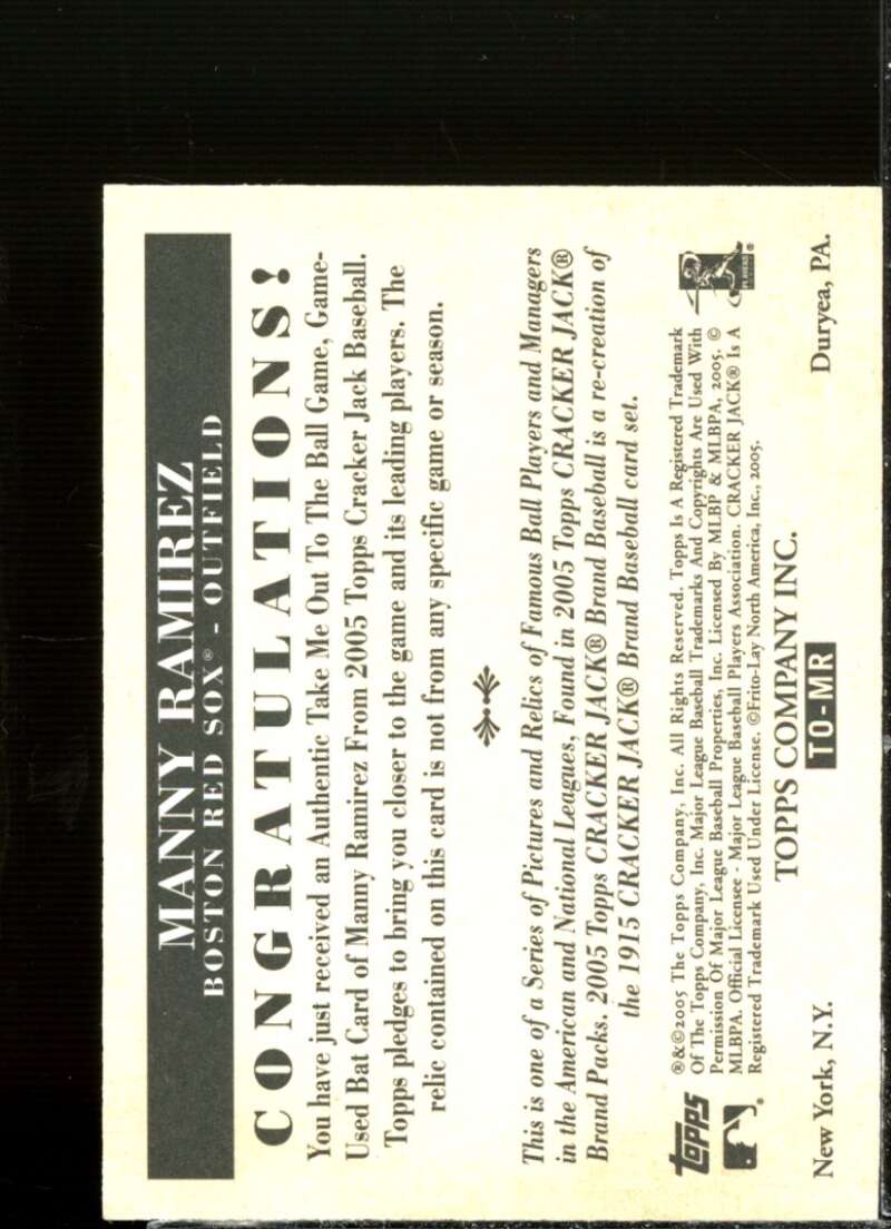 Manny Ramirez 2005 Cracker Jack Take Me Out to the Ballgame Mini Relics #MR  Image 2