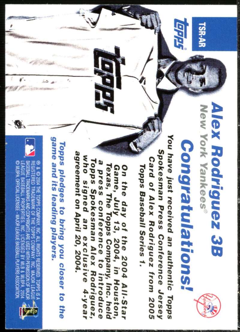 Alex Rodriguez Card 2005 Topps Spokesman Jersey Relic #AR  Image 2