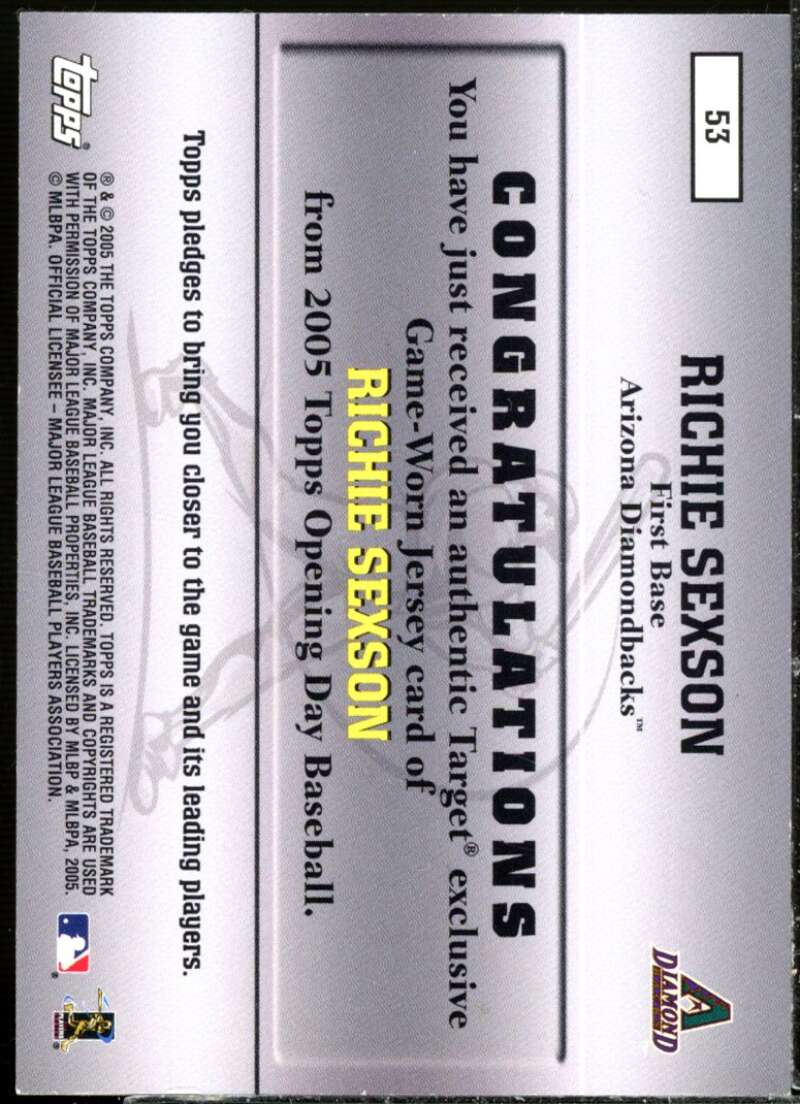 Richie Sexson Card 2005 Topps Opening Day MLB Game Worn Jersey Collection #53  Image 2