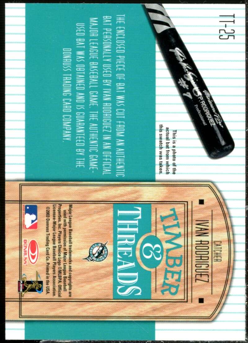 Ivan Rodriguez Bat Card 2004 Donruss Timber and Threads #25  Image 2