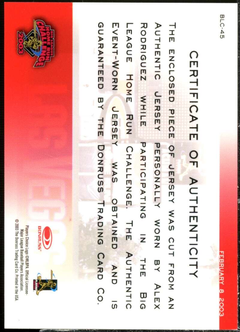 Alex Rodriguez 03 Jsy Card 2003 Studio Big League Challenge Materials #45  Image 2