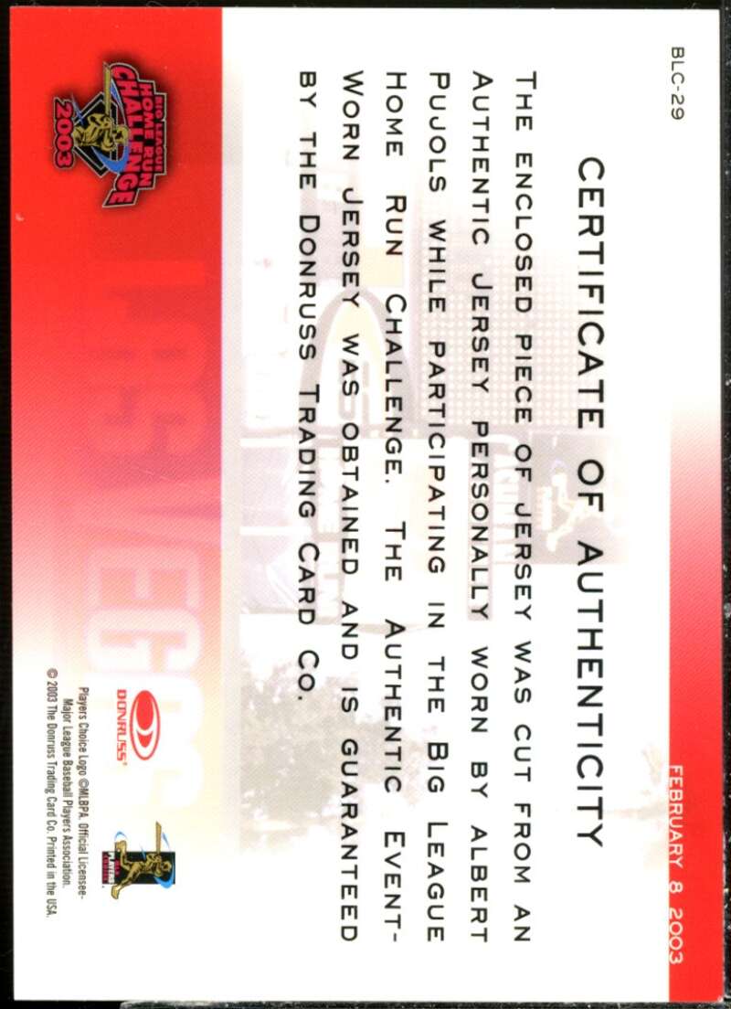 Albert Pujols 03 Jsy Card 2003 Studio Big League Challenge Materials #29  Image 2
