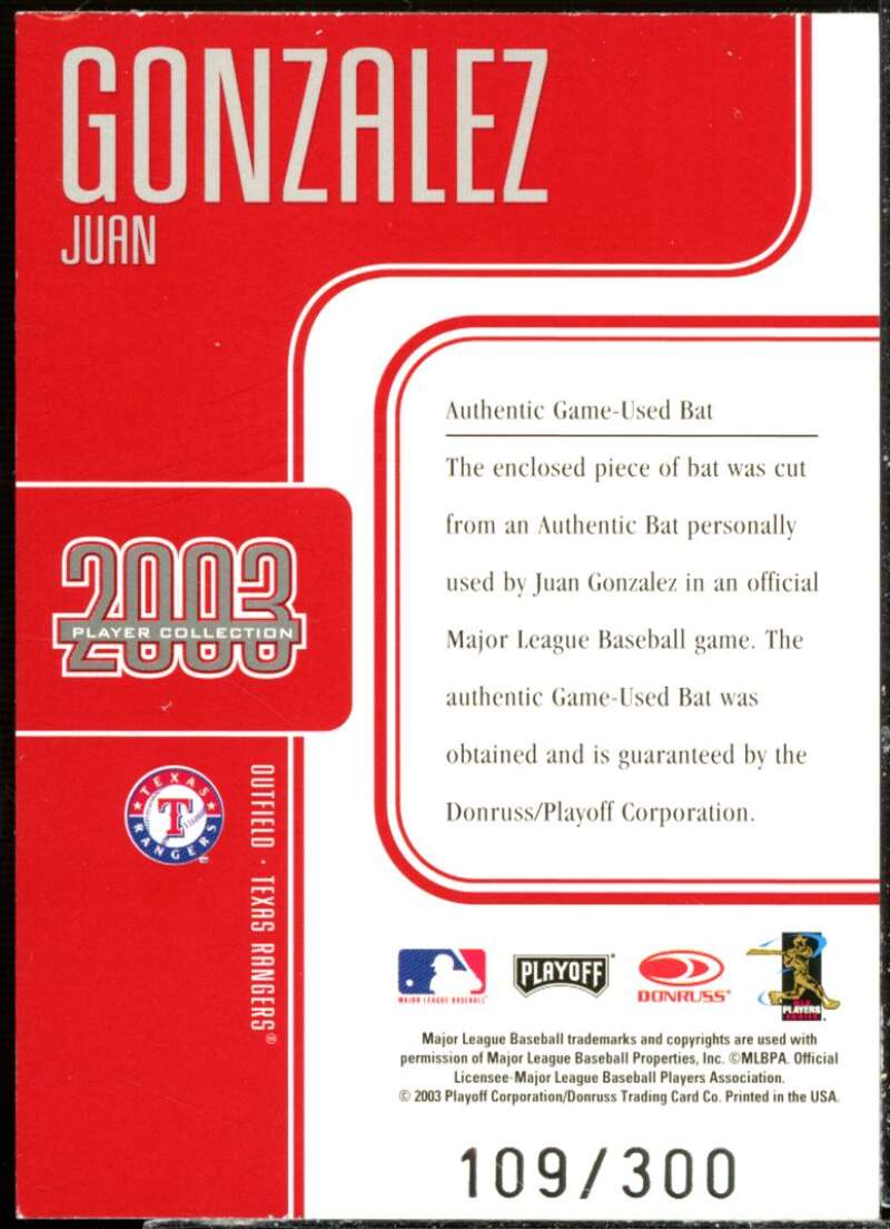 Juan Gonzalez Bat Card 2003 Studio Player Collection #30  Image 2