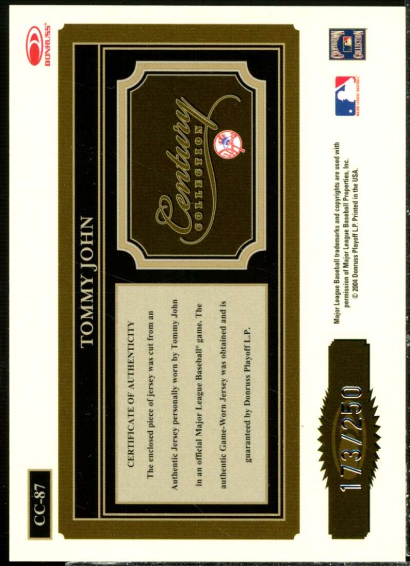 Tommy John Jsy Card 2004 Throwback Threads Century Collection Material #87  Image 2