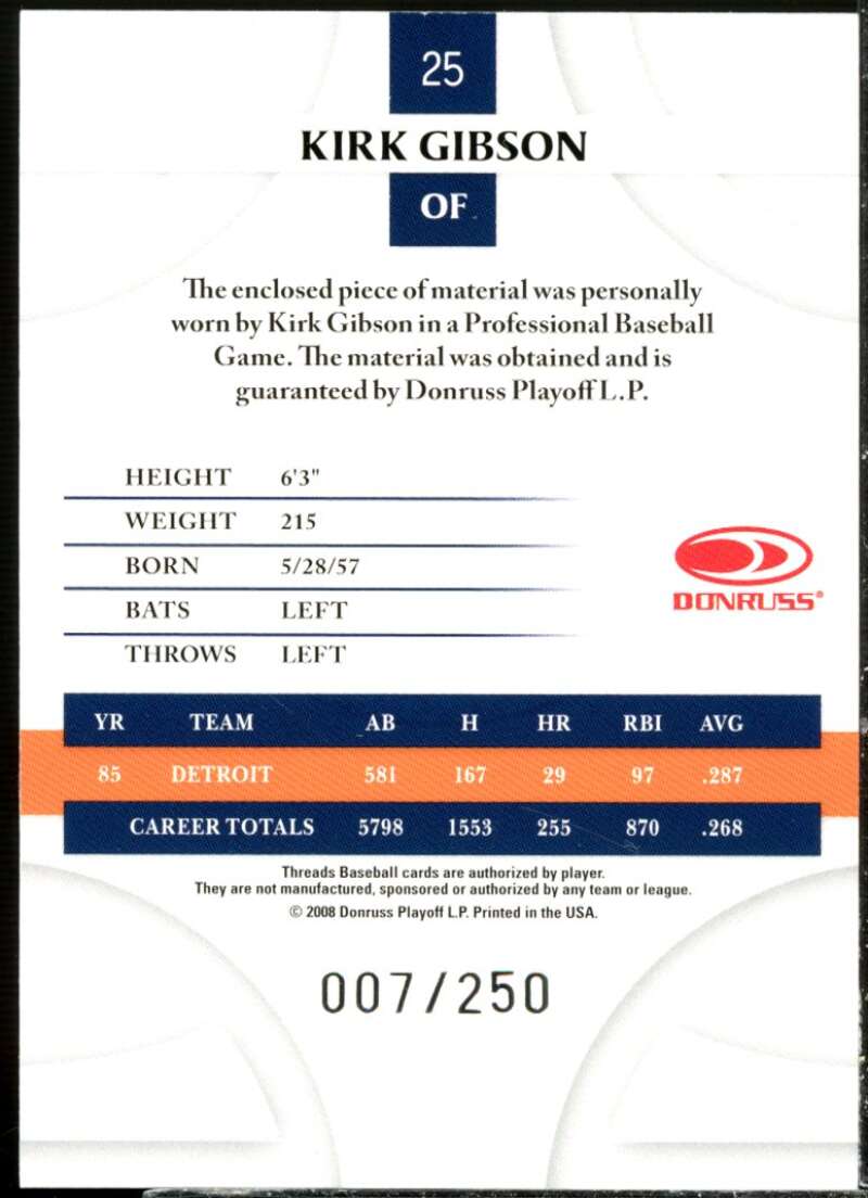 Kirk Gibson Card 2008 Donruss Threads Jerseys Prime #25  Image 2