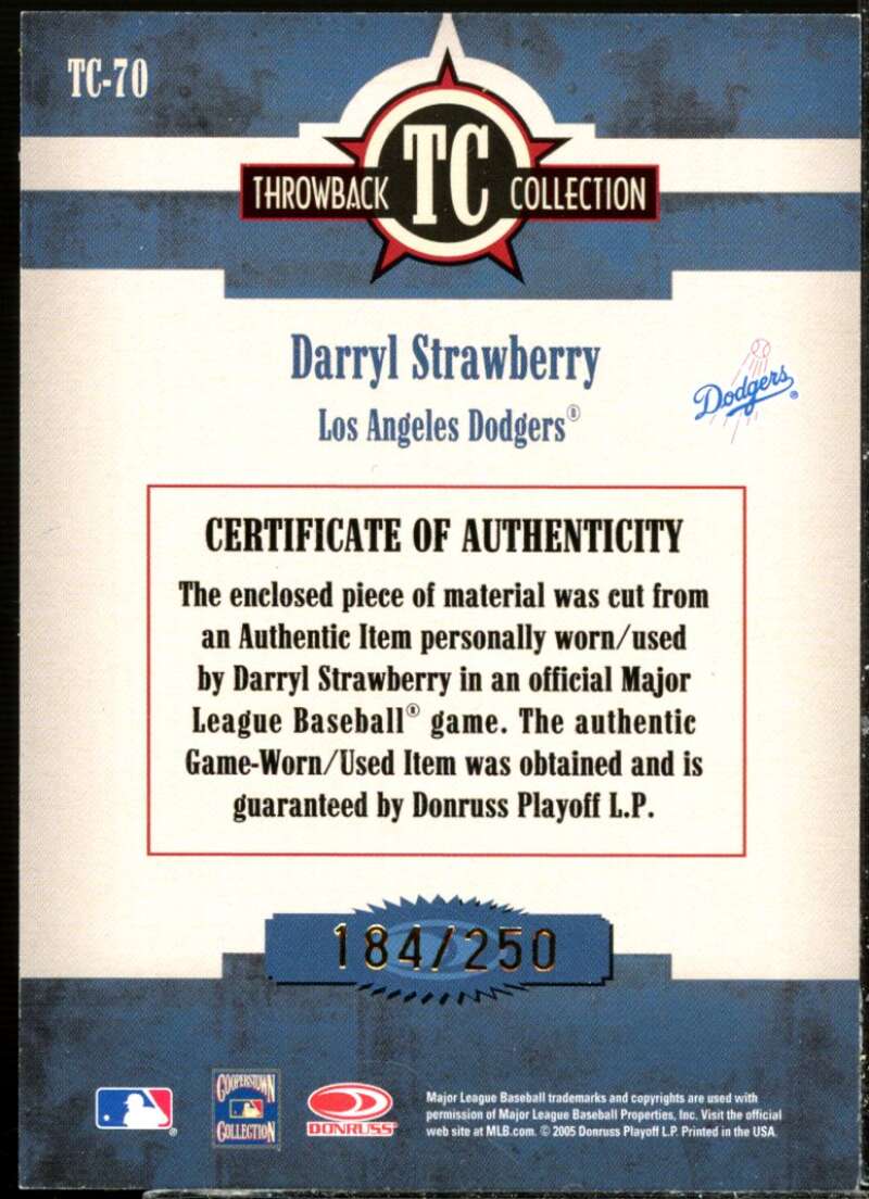 Darryl Strawberry Card 2005 Throwback Threads Throwback Collection Material #70  Image 2