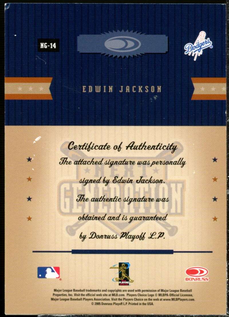 Edwin Jackson Card 2005 Prime Patches Next Generation Autograph #14  Image 2