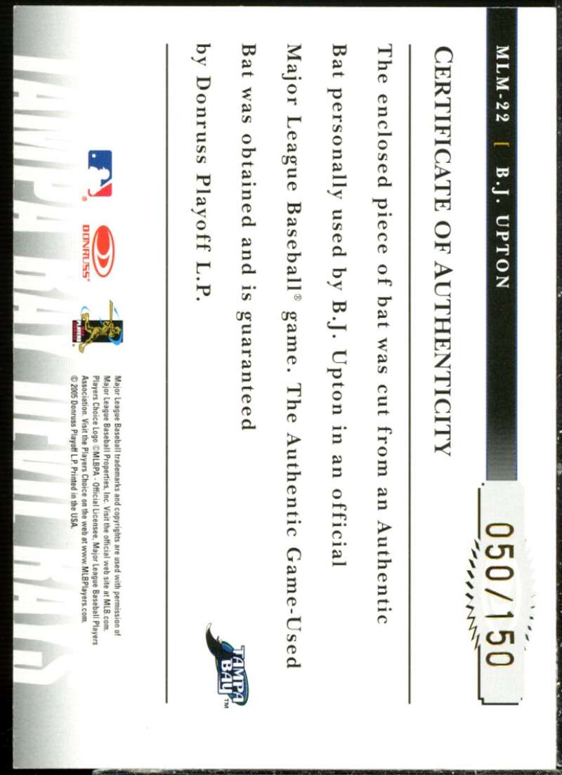 B.J. Upton Card 2005 Prime Patches Major League Materials Bat #22  Image 2