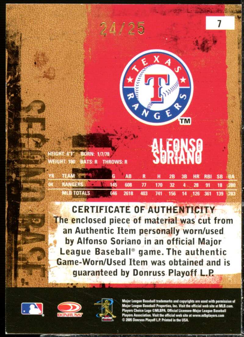 Alfonso Soriano Card 2005 Leather and Lumber Materials Jersey Prime #7  Image 2