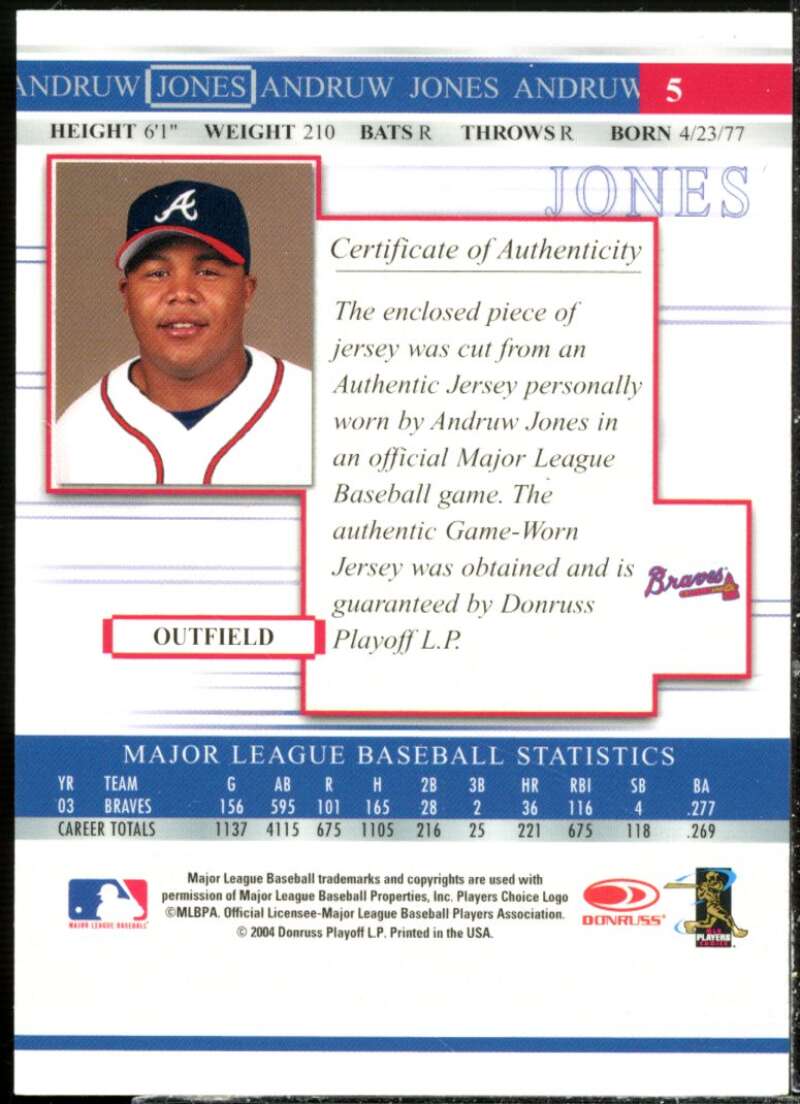 Andruw Jones Jsy Card 2004 Donruss Timelines Material #5  Image 2