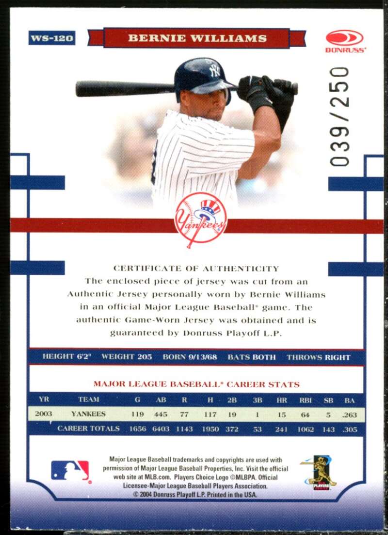 Bernie Williams Jsy Card 2004 Donruss World Series Material Fabric AL/ –