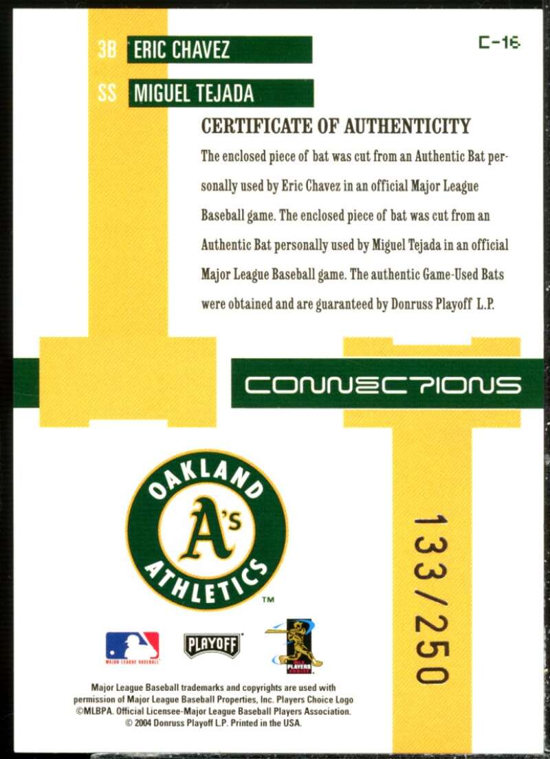 Miguel Tejada Bat/Eric Chavez Bat 2004 Playoff Prestige Connections Material #16  Image 2