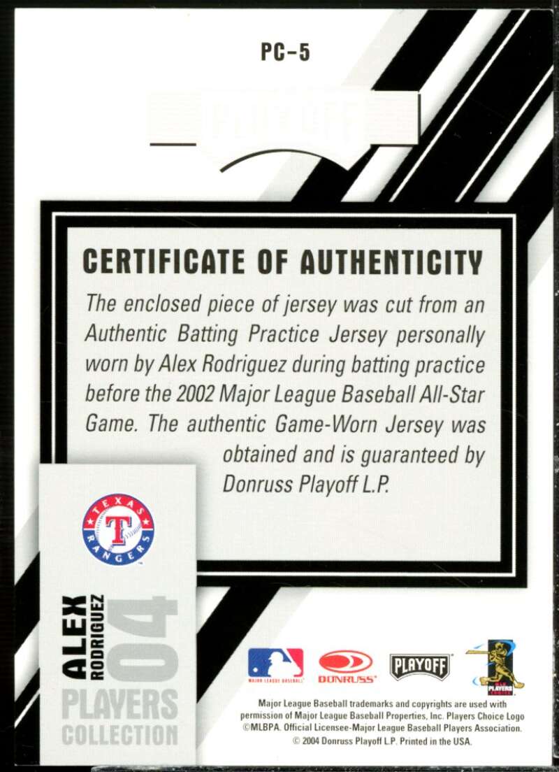 Alex Rodriguez Rgr AS Card 2004 Playoff Prestige Players Collection Jersey #5  Image 2