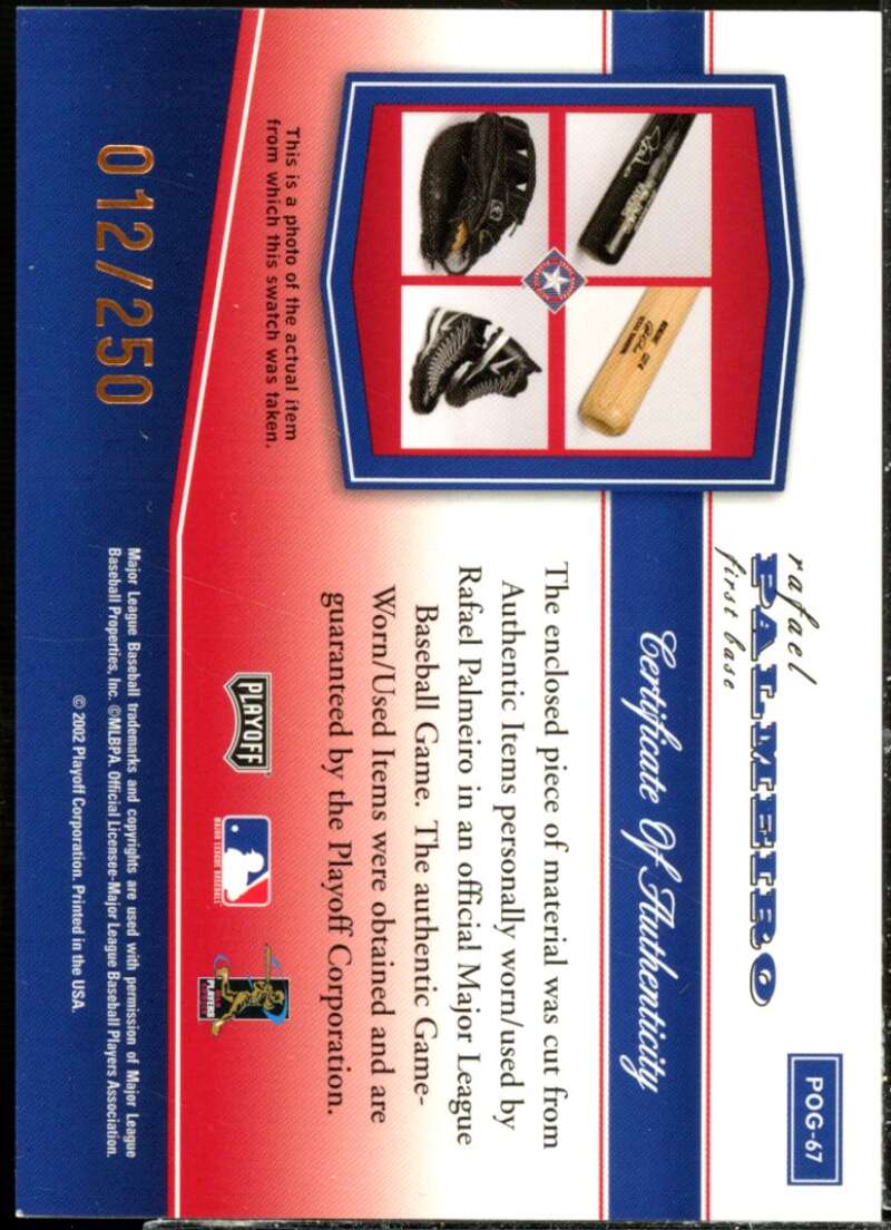 Rafael Palmeiro Bat Card 2002 Playoff Piece of the Game Materials Bronze #67  Image 2