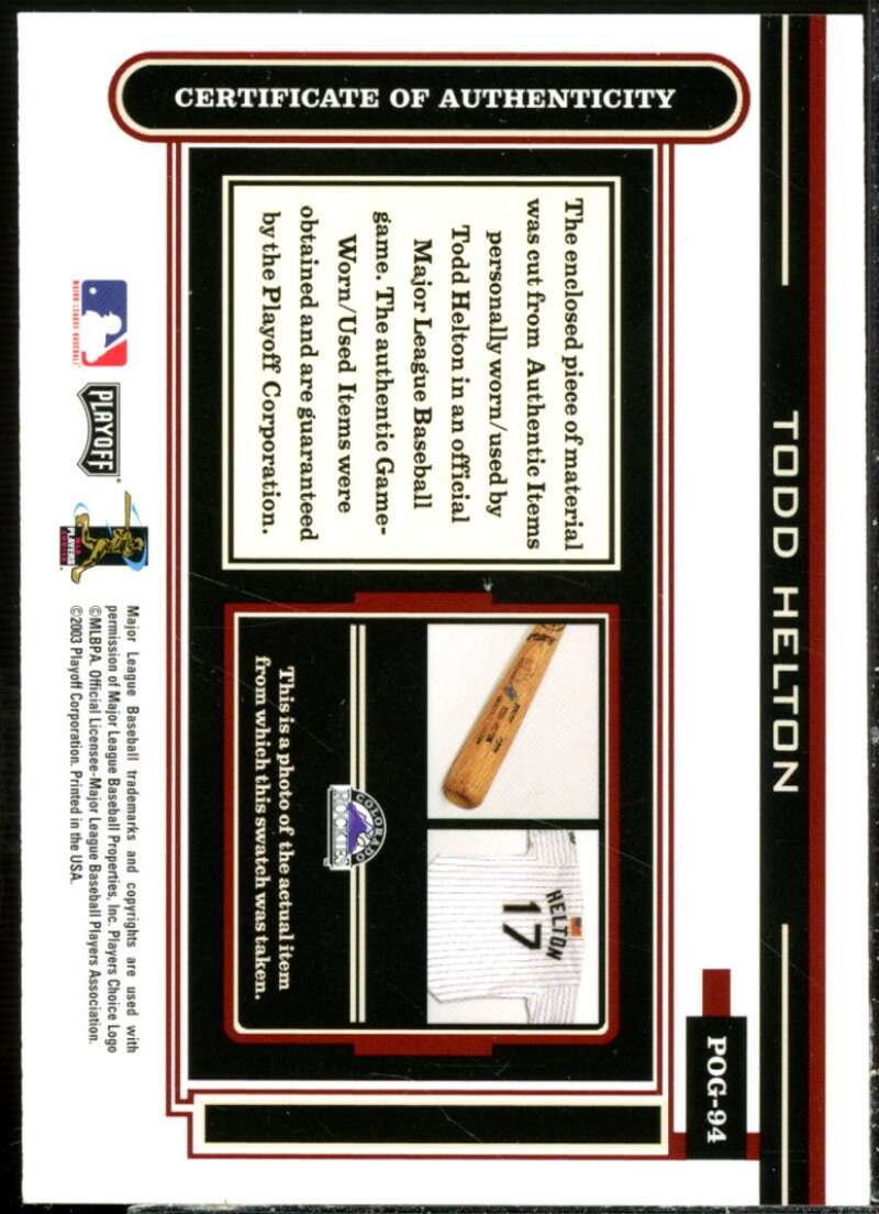 Todd Helton Jsy Card 2003 Playoff Piece of the Game Bronze #94  Image 2