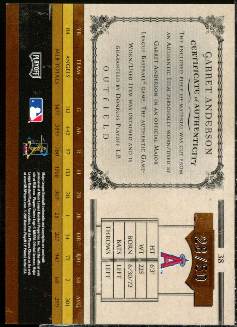 Garret Anderson Card 2005 Prime Cuts Material Bat #38  Image 2