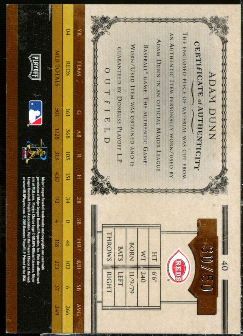 Adam Dunn Card 2005 Prime Cuts Material Jersey Number #40  Image 2
