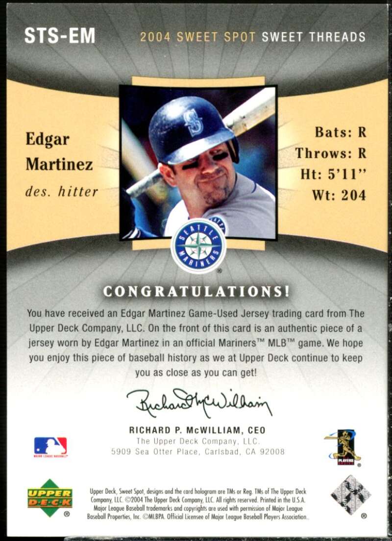 Edgar Martinez Card 2004 Sweet Spot Sweet Threads #STSEM  Image 2