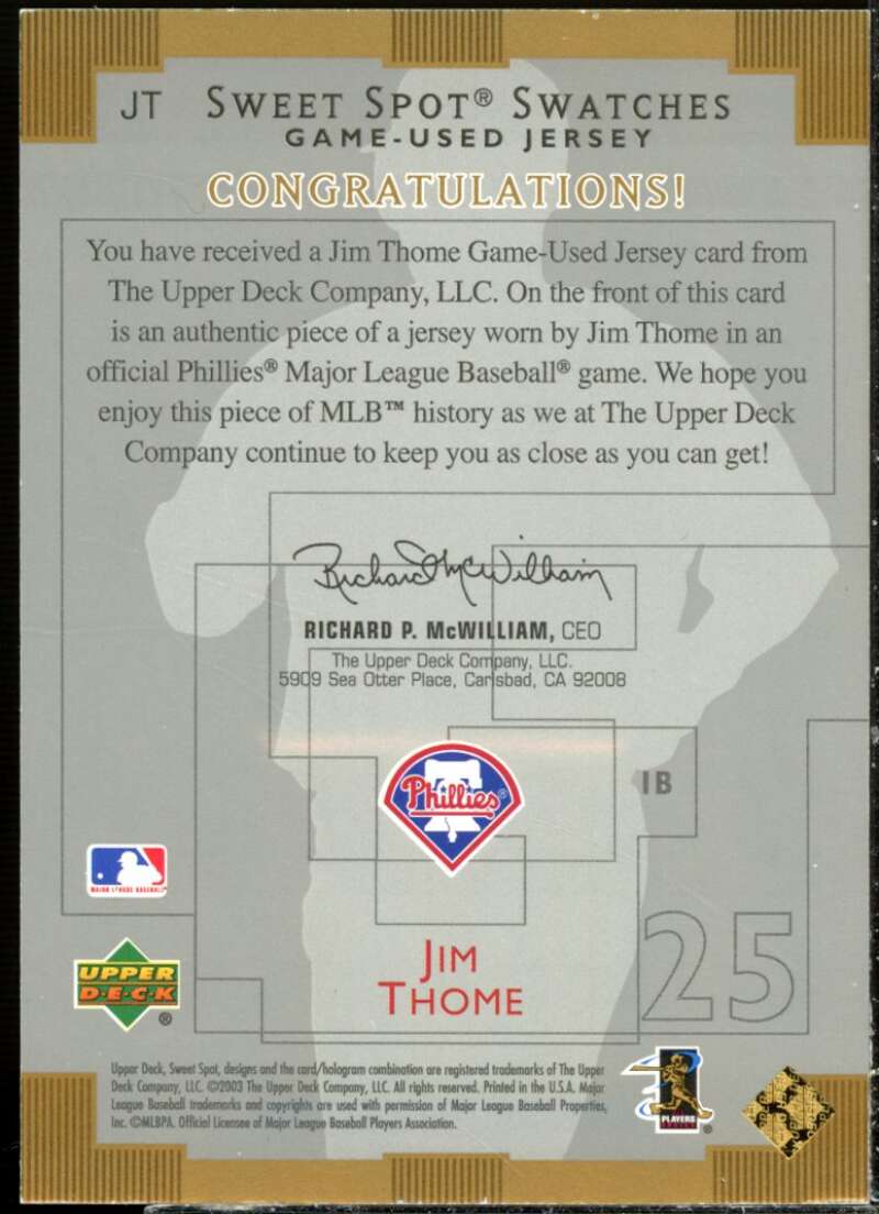 Jim Thome Card 2003 Sweet Spot Swatches #JT  Image 2