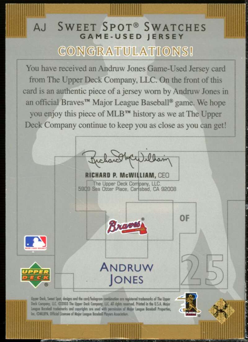 Andruw Jones Card 2003 Sweet Spot Swatches #AJ  Image 2