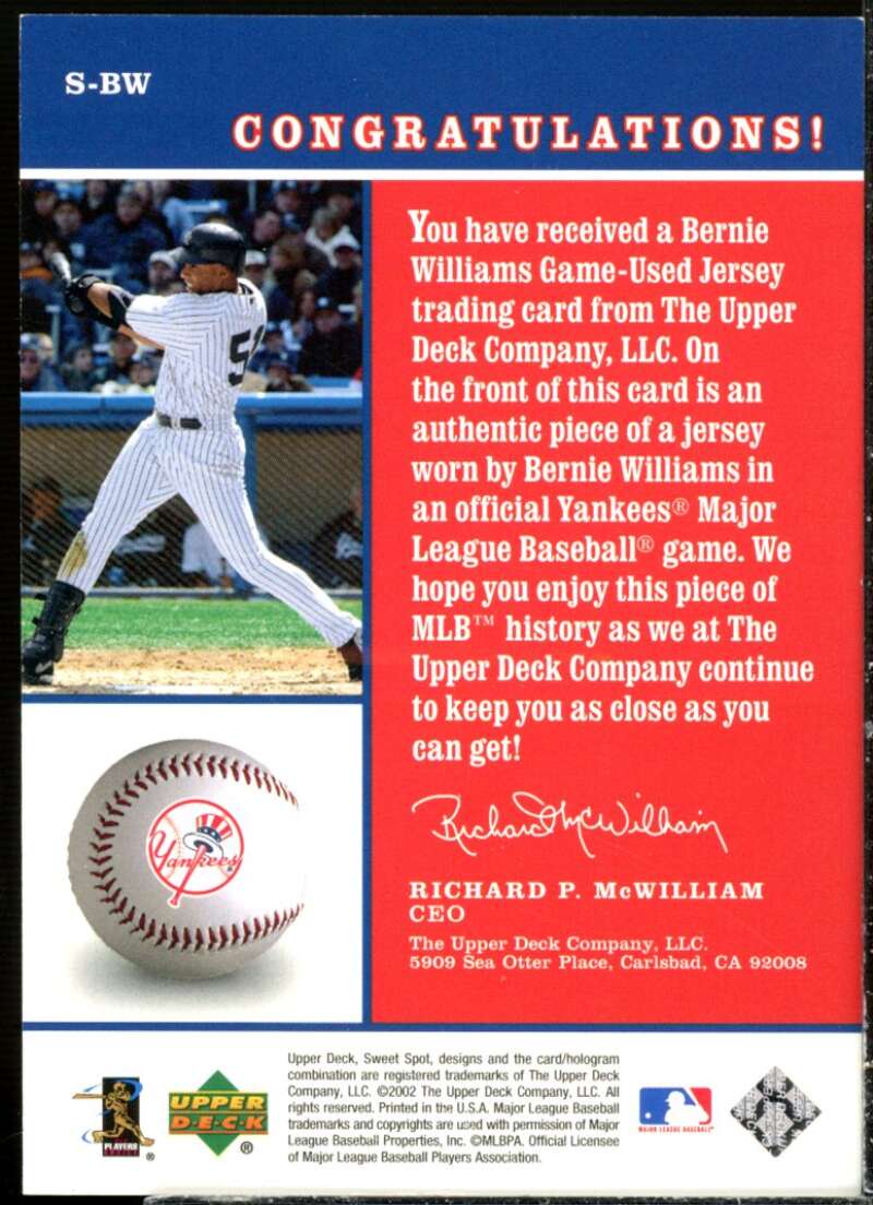 Bernie Williams Card 2002 Sweet Spot Swatches #SBW  Image 2