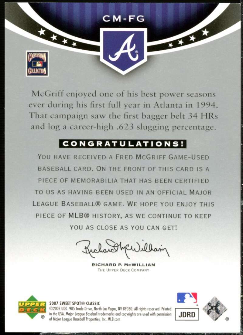Fred McGriff Jsy Card 2007 Sweet Spot Classic Classic Memorabilia #CMFG  Image 2