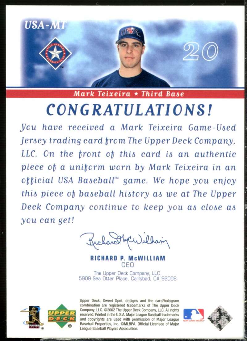 Mark Teixeira Card 2002 Sweet Spot USA Jerseys #USAMT  Image 2
