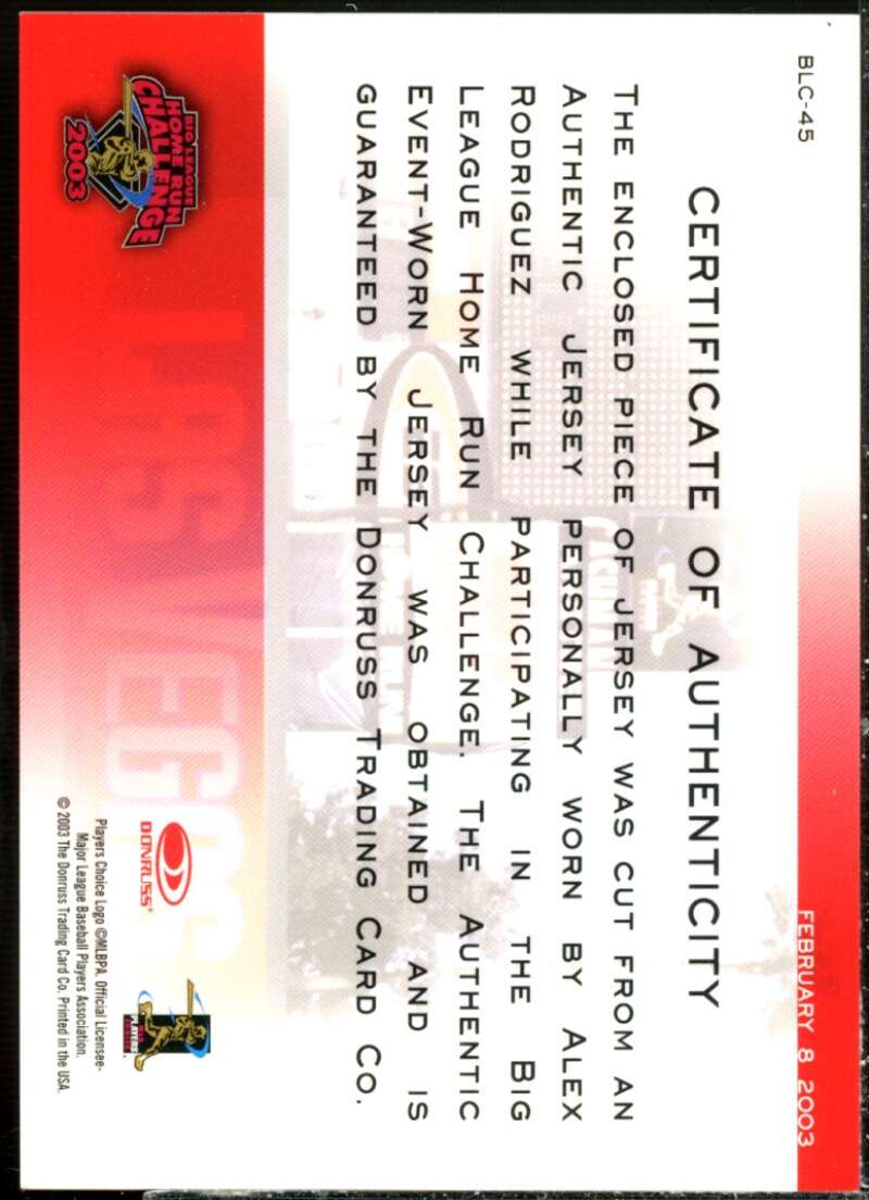 Alex Rodriguez 03 Jsy Card 2003 Studio Big League Challenge Materials #45  Image 2