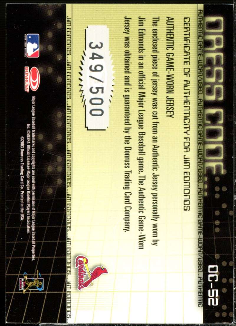 Jim Edmonds Jsy Card 2003 Donruss Classics Dress Code #52  Image 2