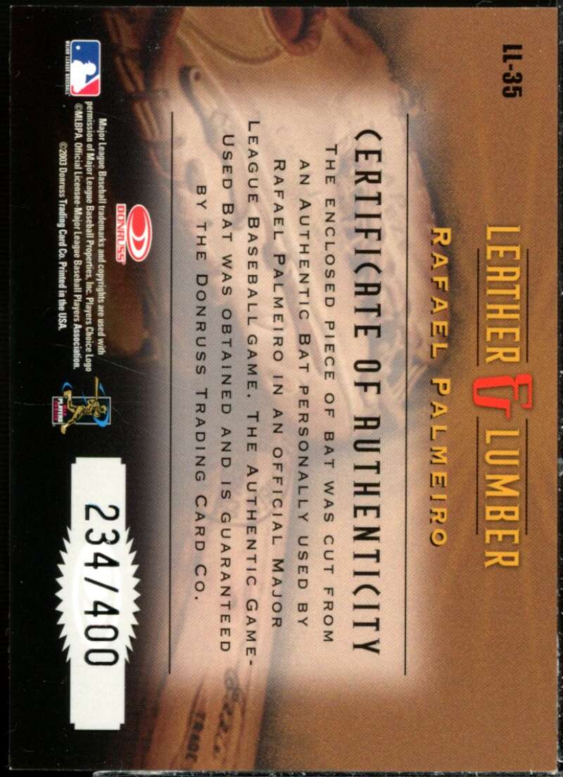 Rafael Palmeiro Bat Card 2003 Studio Leather and Lumber #35  Image 2