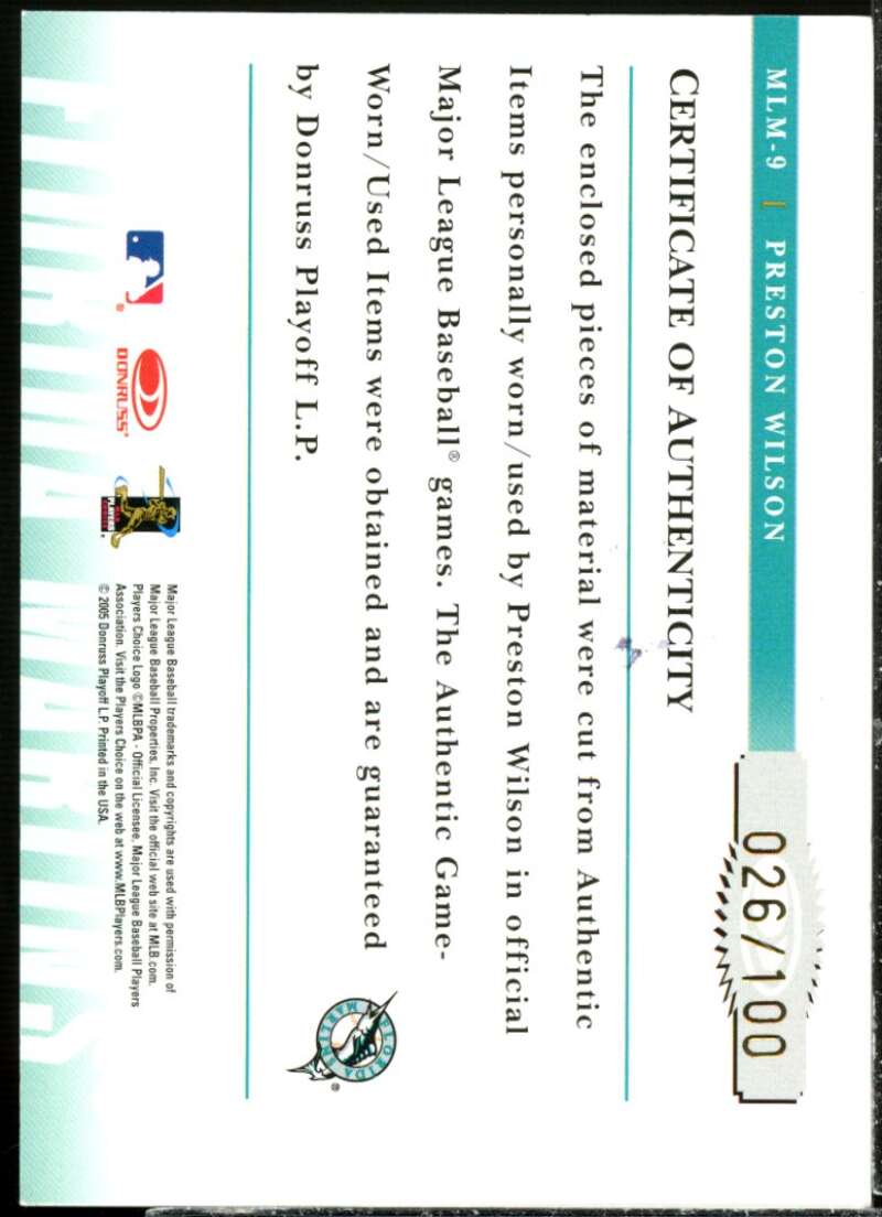 Preston Wilson 2005 Prime Patches Major League Materials Auto Double Swatch #9  Image 2