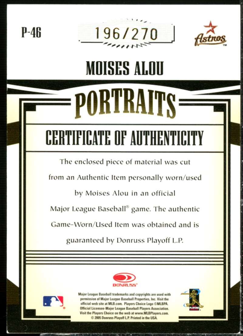 Moises Alou Card 2005 Prime Patches Portraits Jumbo Swatch #46  Image 2