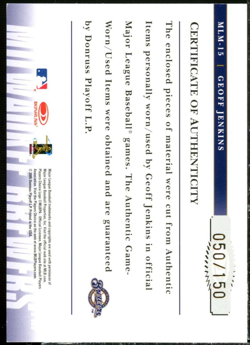 G.Jenkins Card 2005 Prime Patches Major League Materials Quad Swatch #15  Image 2