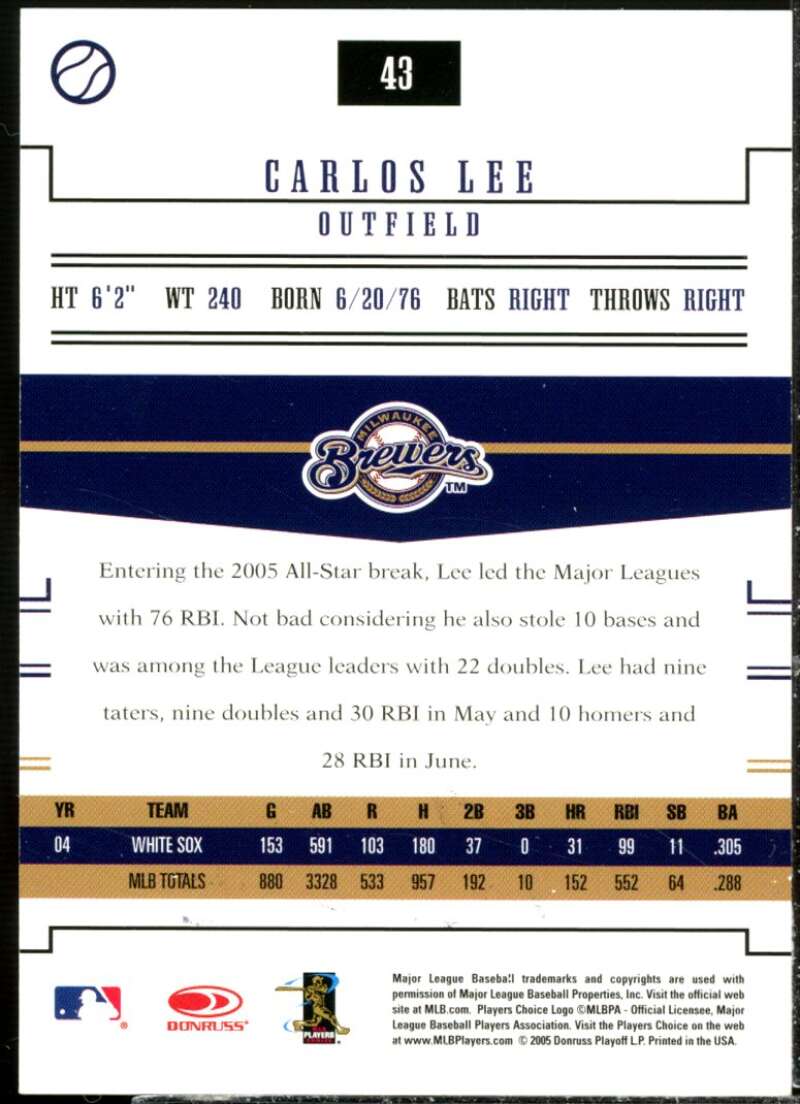 Carlos Lee Card 2005 Prime Patches Autograph #43  Image 2