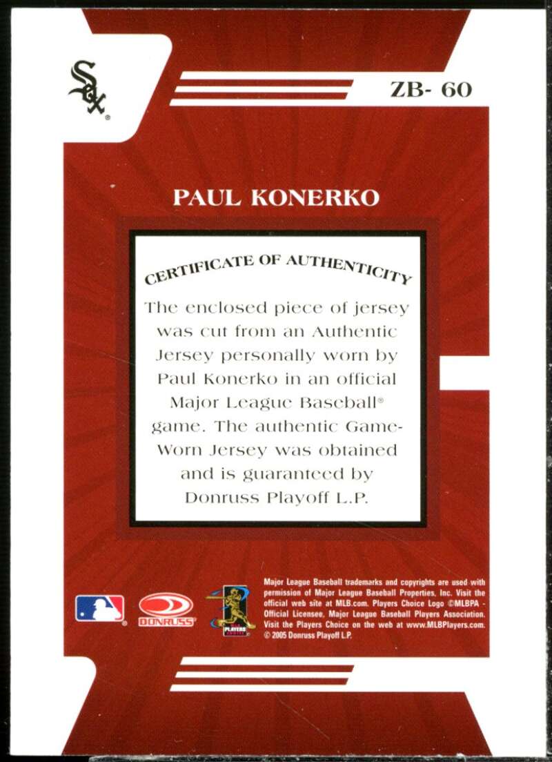 Paul Konerko Card 2005 Zenith Z-Jerseys #60  Image 2