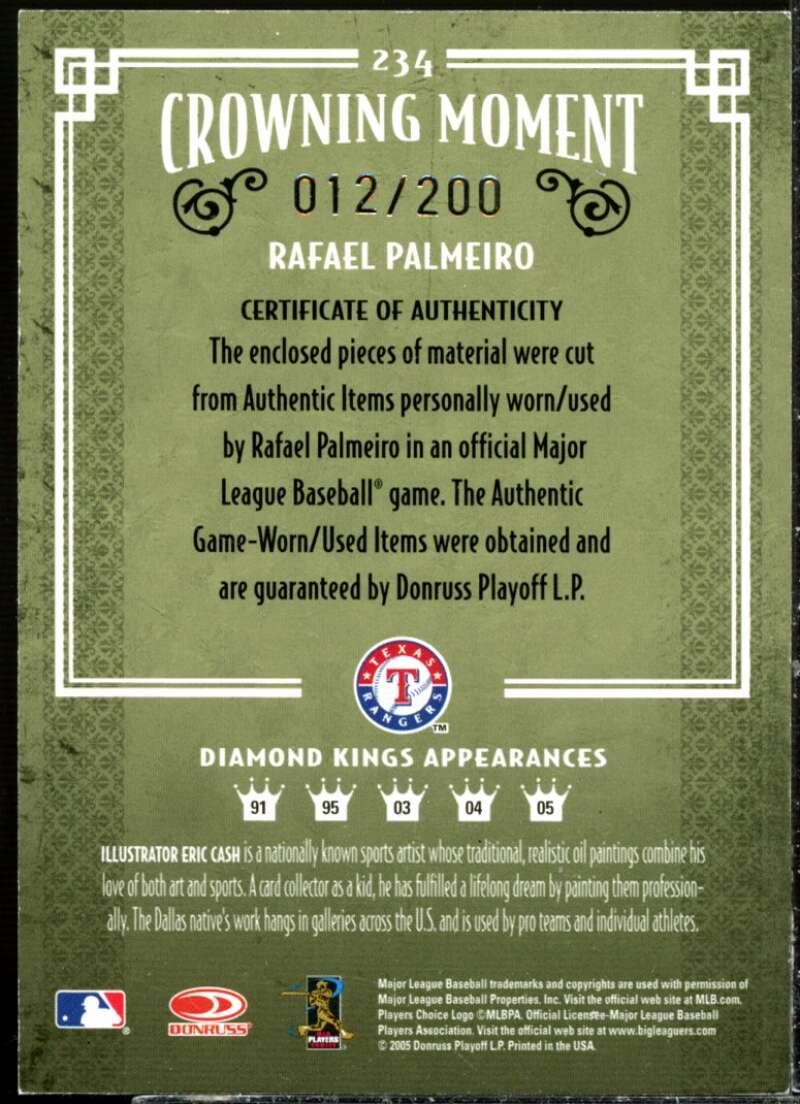 R.Palmeiro Rgr Bat-Jsy Card 2005 Diamond Kings Materials Bronze #234  Image 2